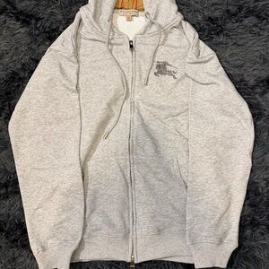 Burberry Light Gray Zip-Up Hoodie with Iconic Logo Men’s Size Medium